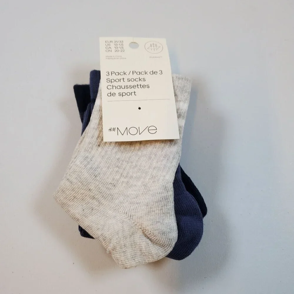 H&M Move 3-Pack Sport Socks Mid-Calf Cotton Blend Casual 13-1.5 NWT Assorted